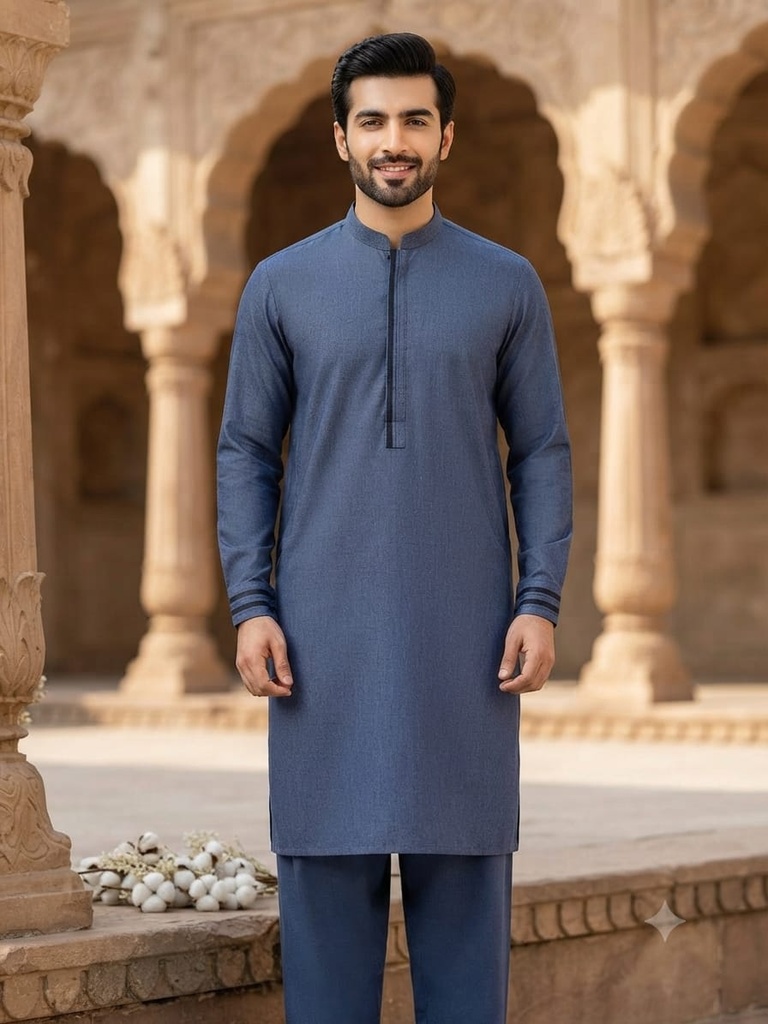 Premium Men's Summer Khaddar Suit Navy Blue