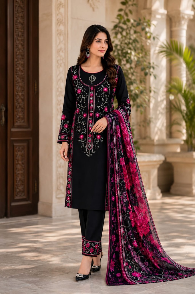 Premium Lawn 3Pc Suit Black&Purple