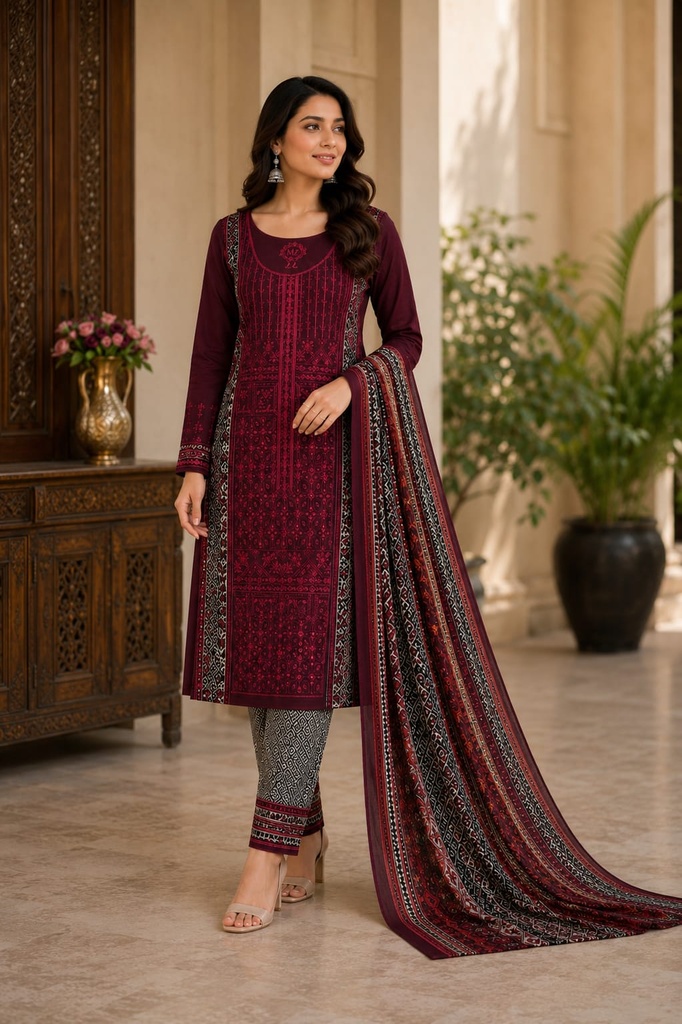 Premium Lawn 3-Piece Suit BRed