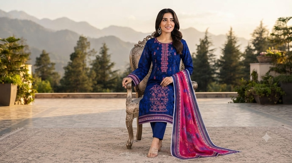 Premium Lawn 3-Piece Suit Blue